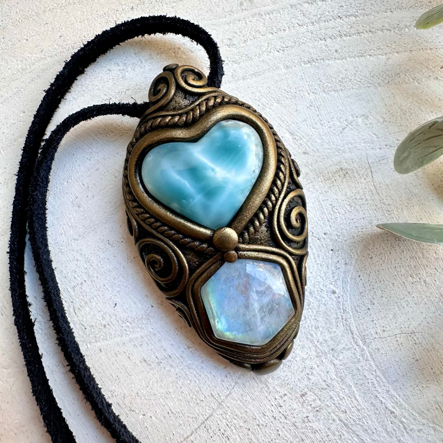 Handmade necklace with larimar heart and rainbow moonstone