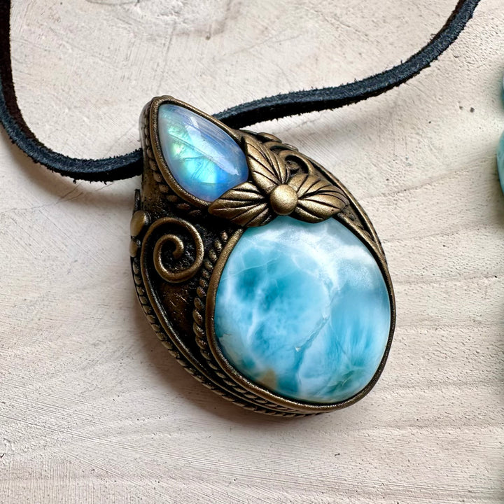 Handmade necklace with larimar and rainbow moonstone