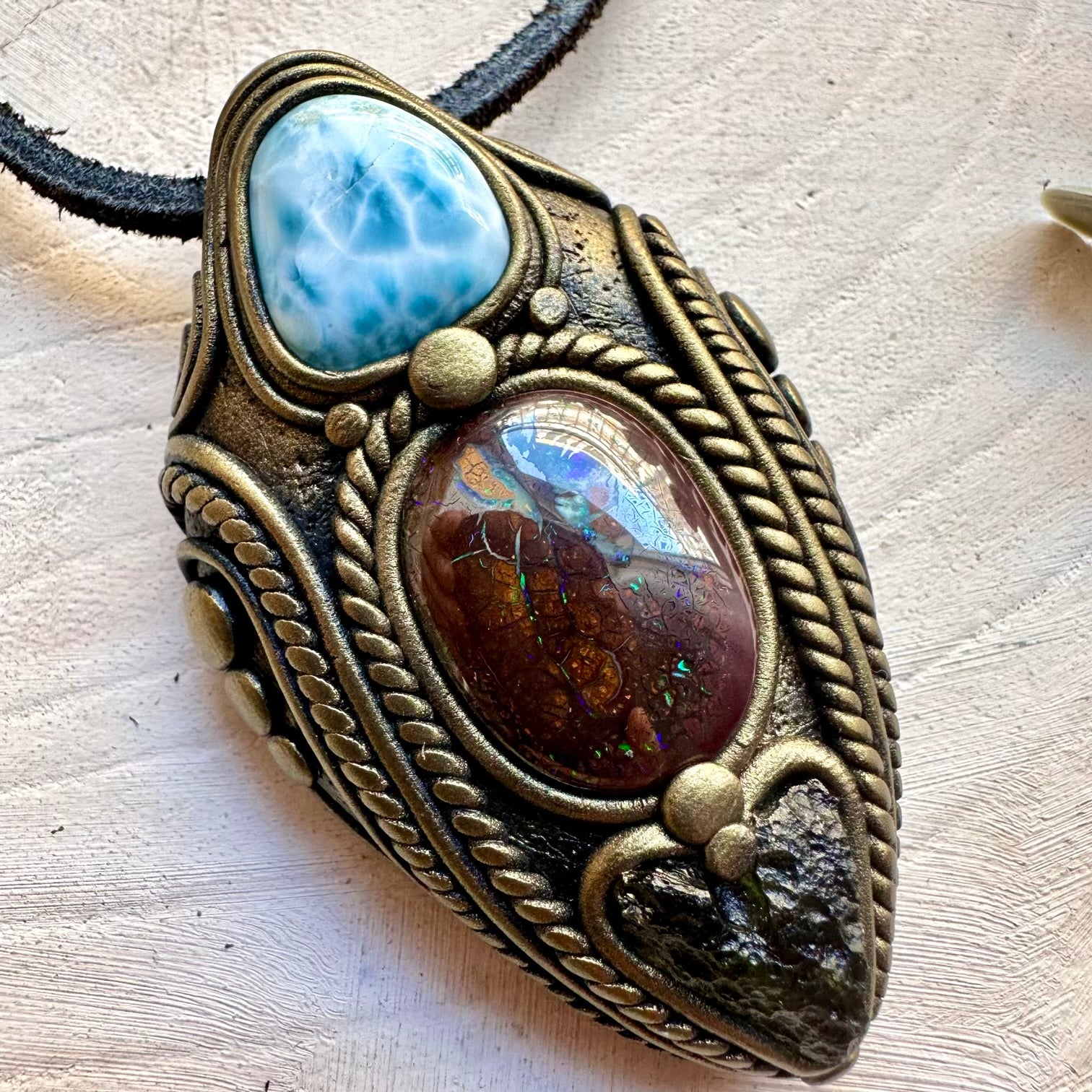 Energy pendant with boulder opal larimar and moldavite