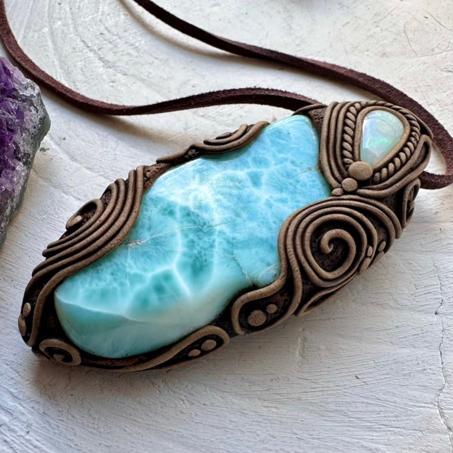 Large Larimar and Australian Opal Pendant Necklace, Healing Crystal Jewelry - FairyGardenGlow