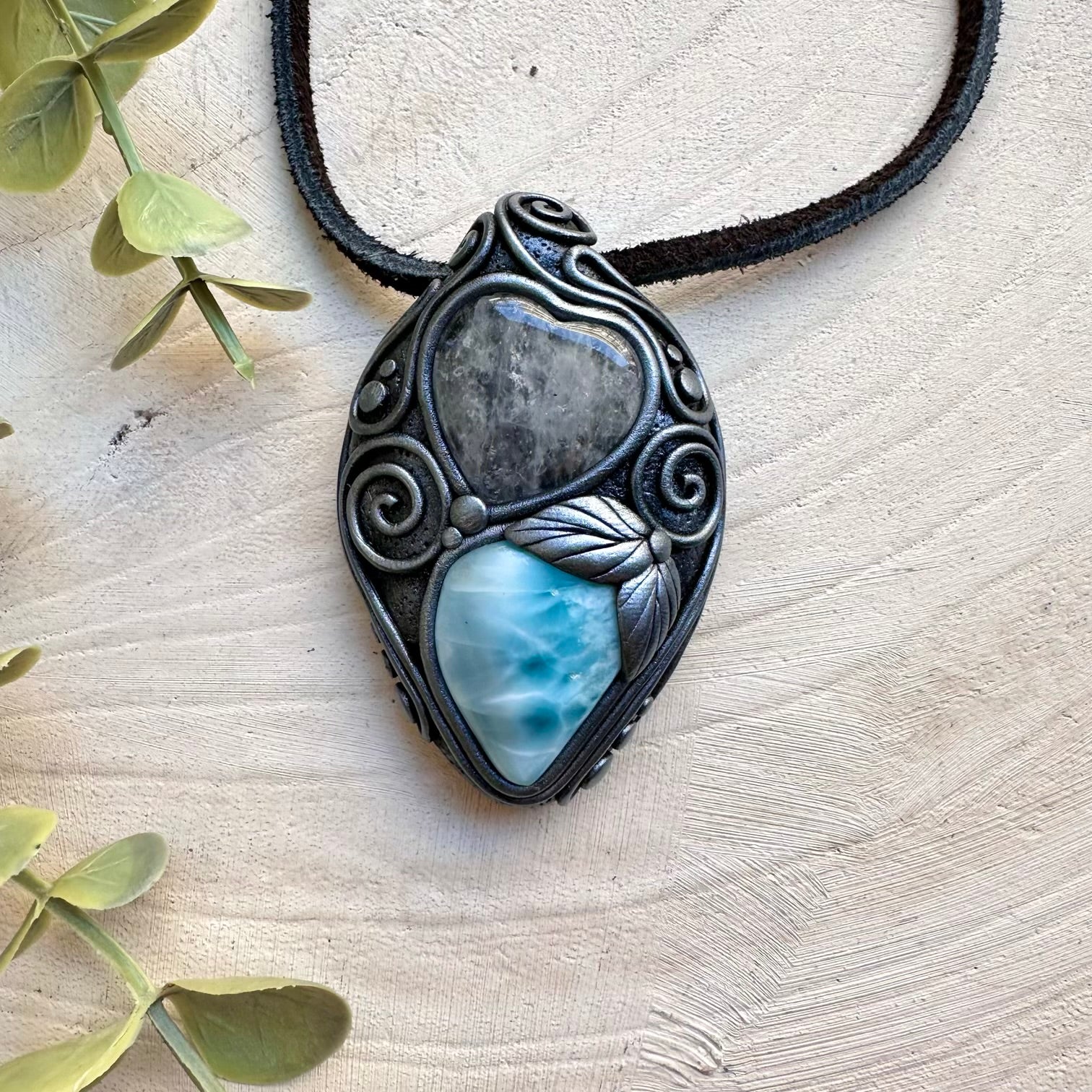 Handmade necklace with larimar and clear quartz heart