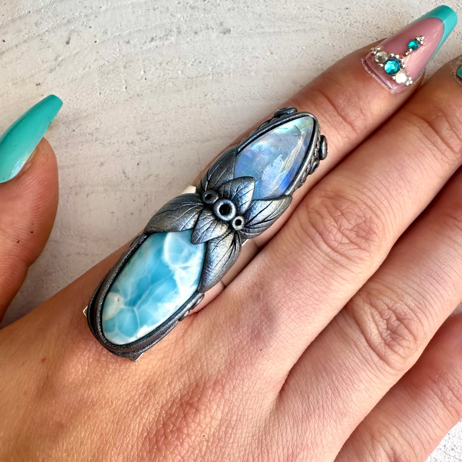Larimar and rainbow moonstone crystal ring