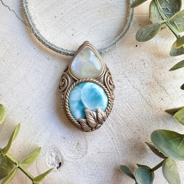 Larimar and Rainbow Moonstone healing necklace handmade boho jewelry with natural gemstones