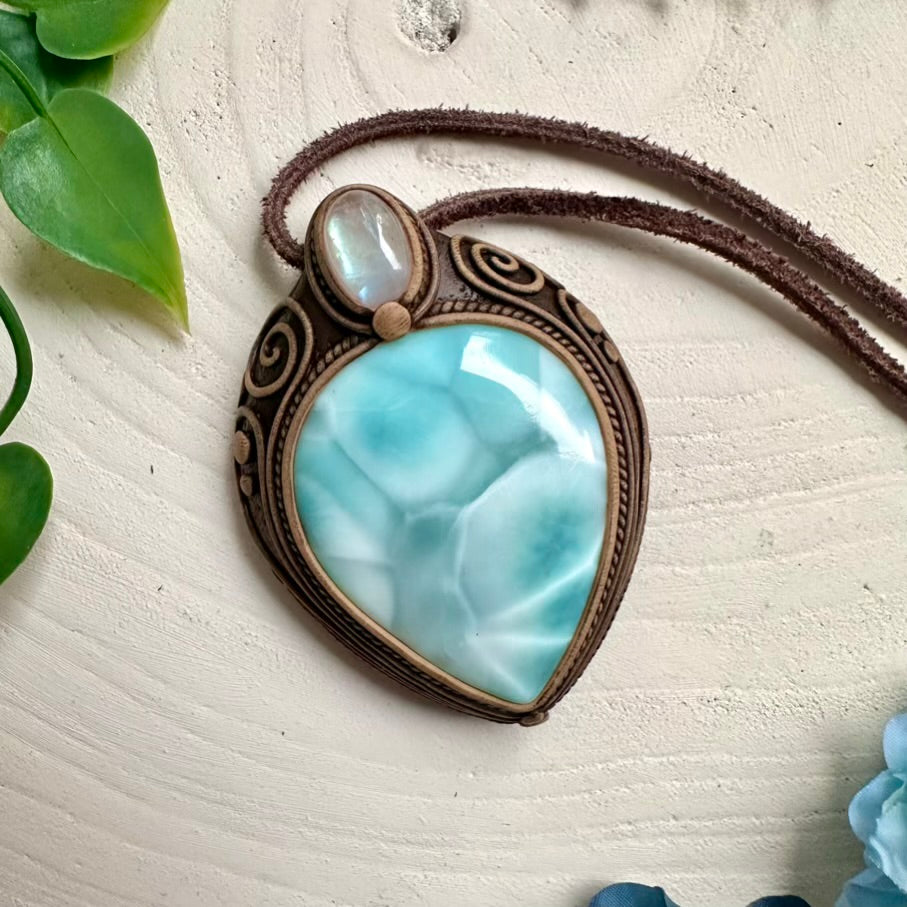 Unique Larimar pendant paired with Rainbow Moonstone