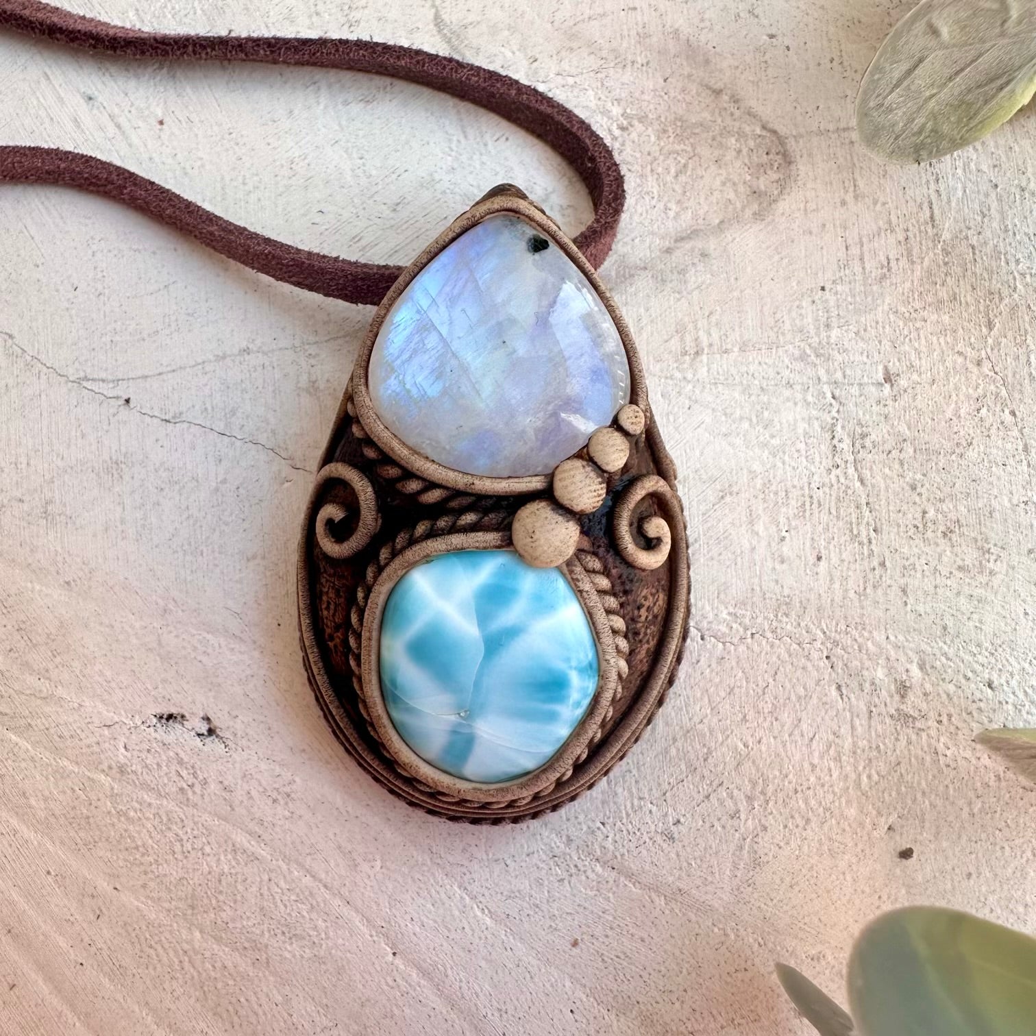 Larimar and Rainbow Moonstone necklace handmade with natural gemstones