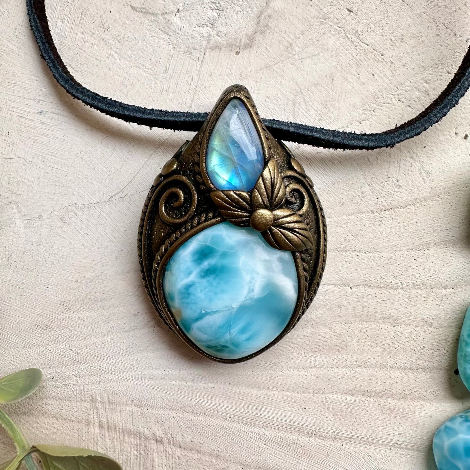 Larimar and rainbow moonstone necklace