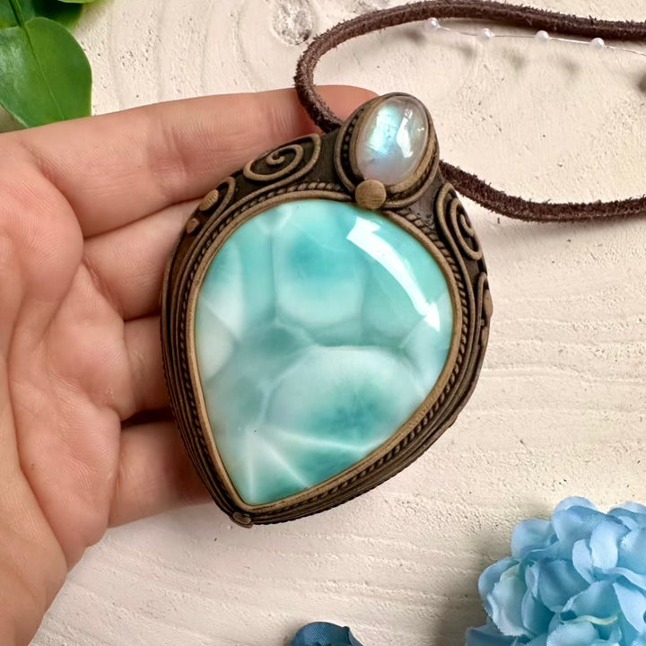Larimar and Rainbow Moonstone pendant necklace – handmade gemstone jewelry