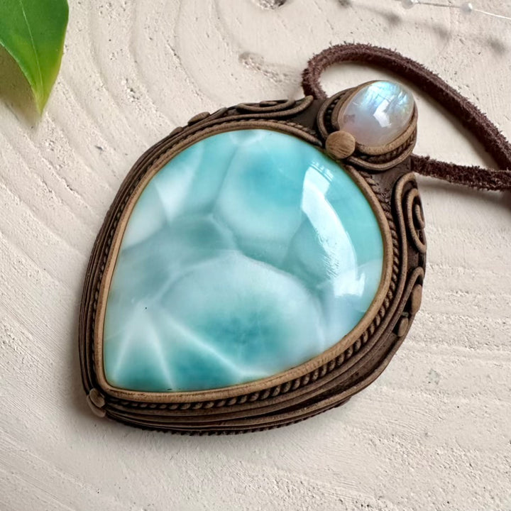 Natural Larimar crystal necklace with Moonstone accent