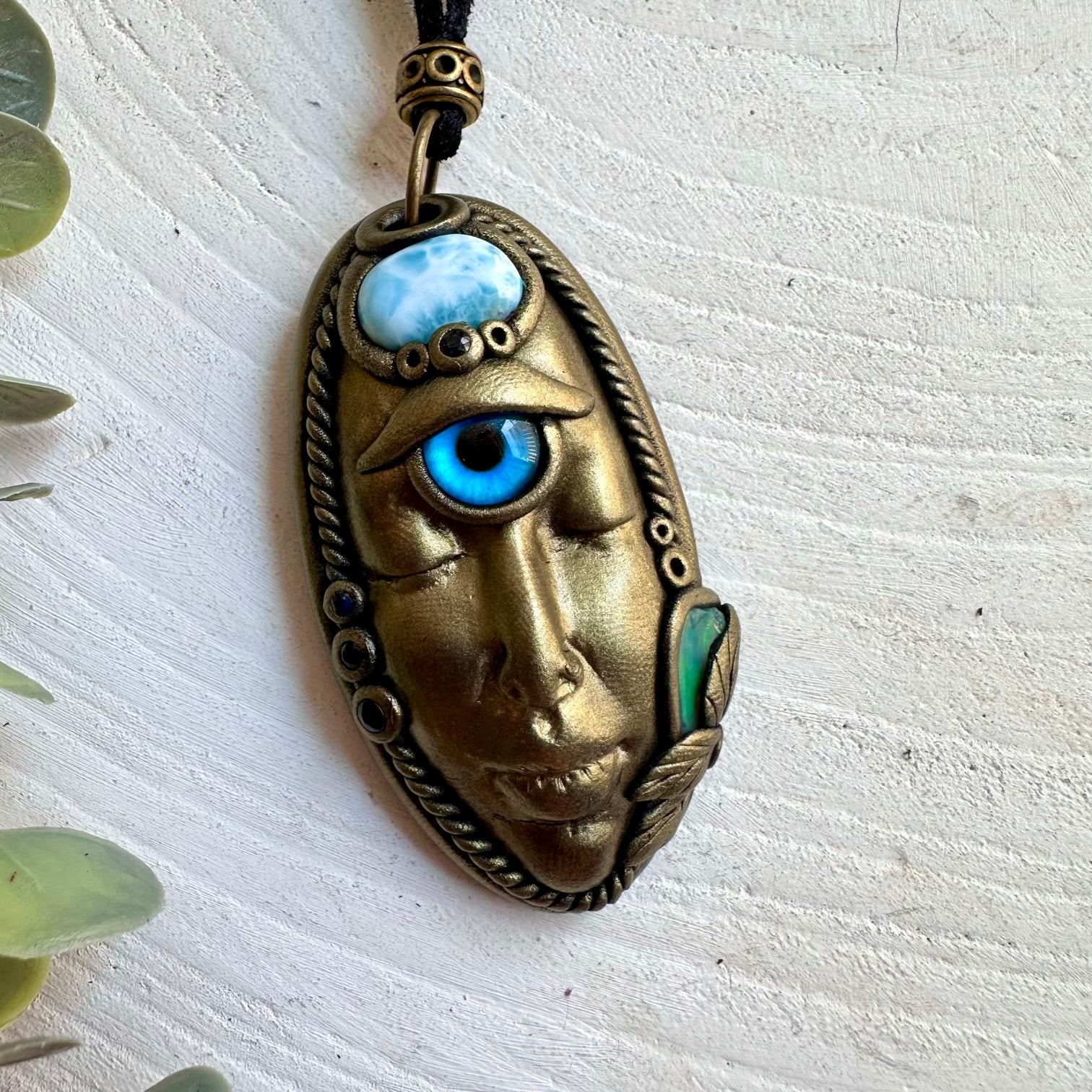 Handmade Third Eye Goddess necklace featuring Larimar, Raw Ethiopian Opal and Blue Sapphire.