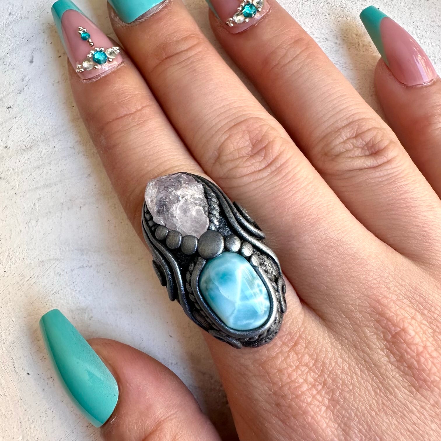 Handmade ring with larimar and raw rose quartz gemstones