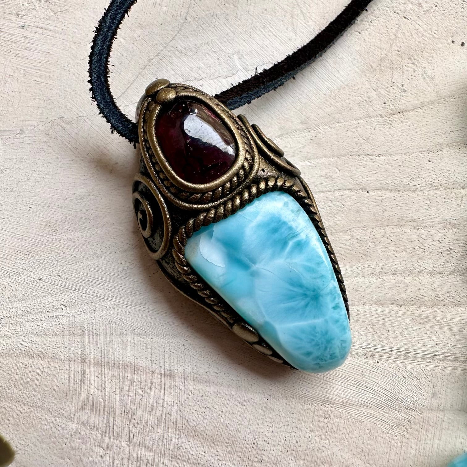 Larimar and rhodolite garnet pendant necklace