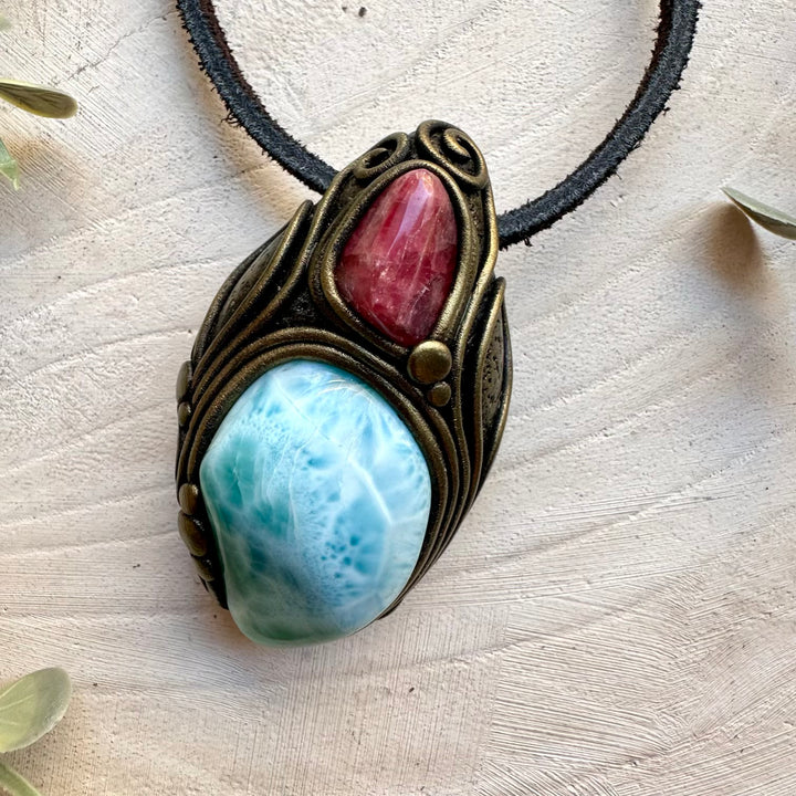 Larimar and gemmy rhodonite pendant necklace