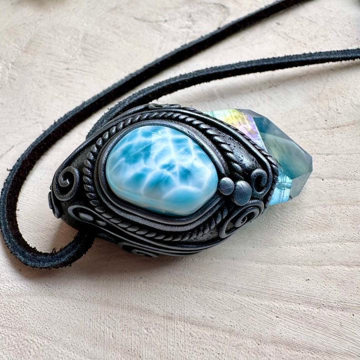Natural gemstone necklace with aqua aura quartz and larimar