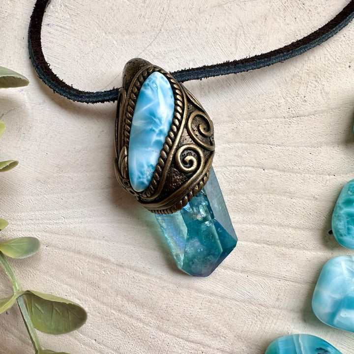 Natural gemstone necklace with aqua aura quartz and larimar