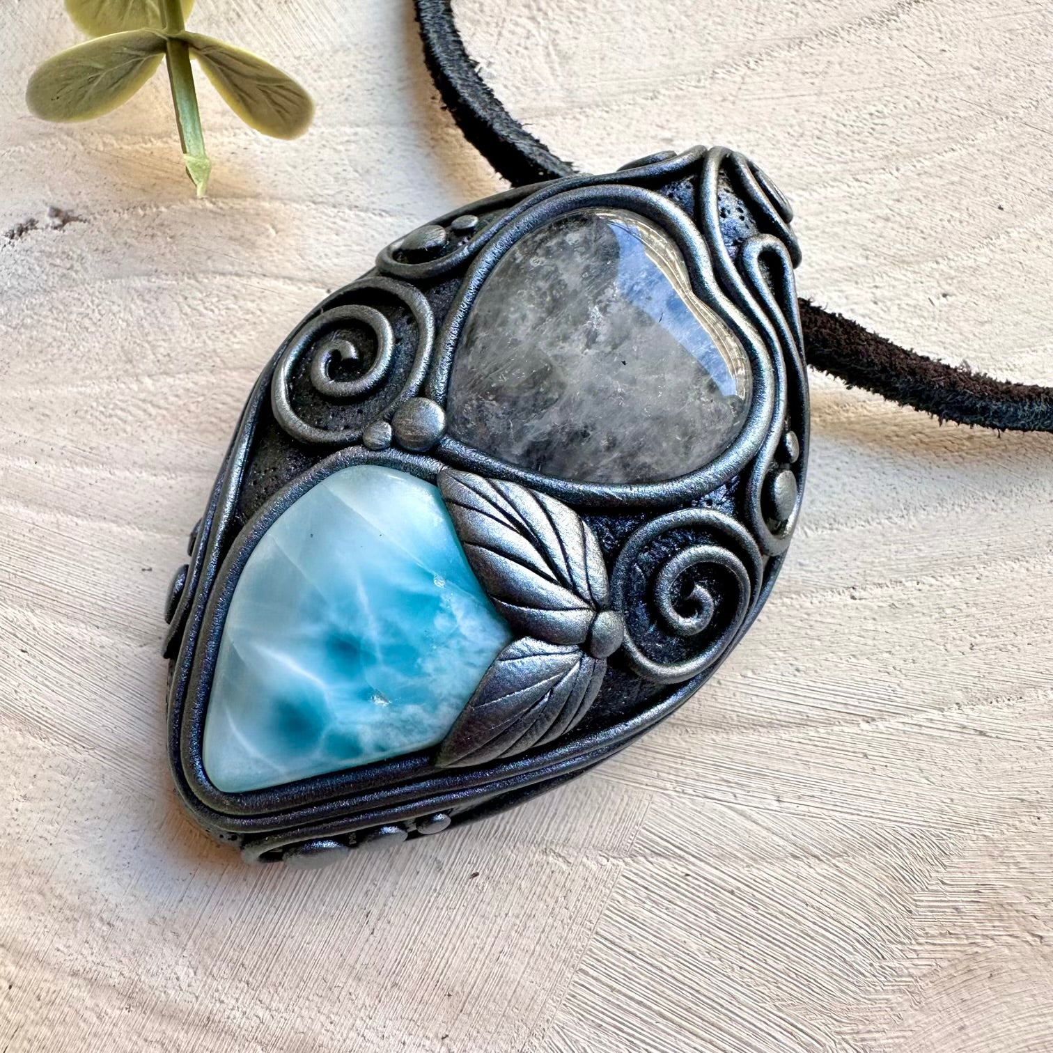 One of a kind larimar and quartz heart gemstone necklace