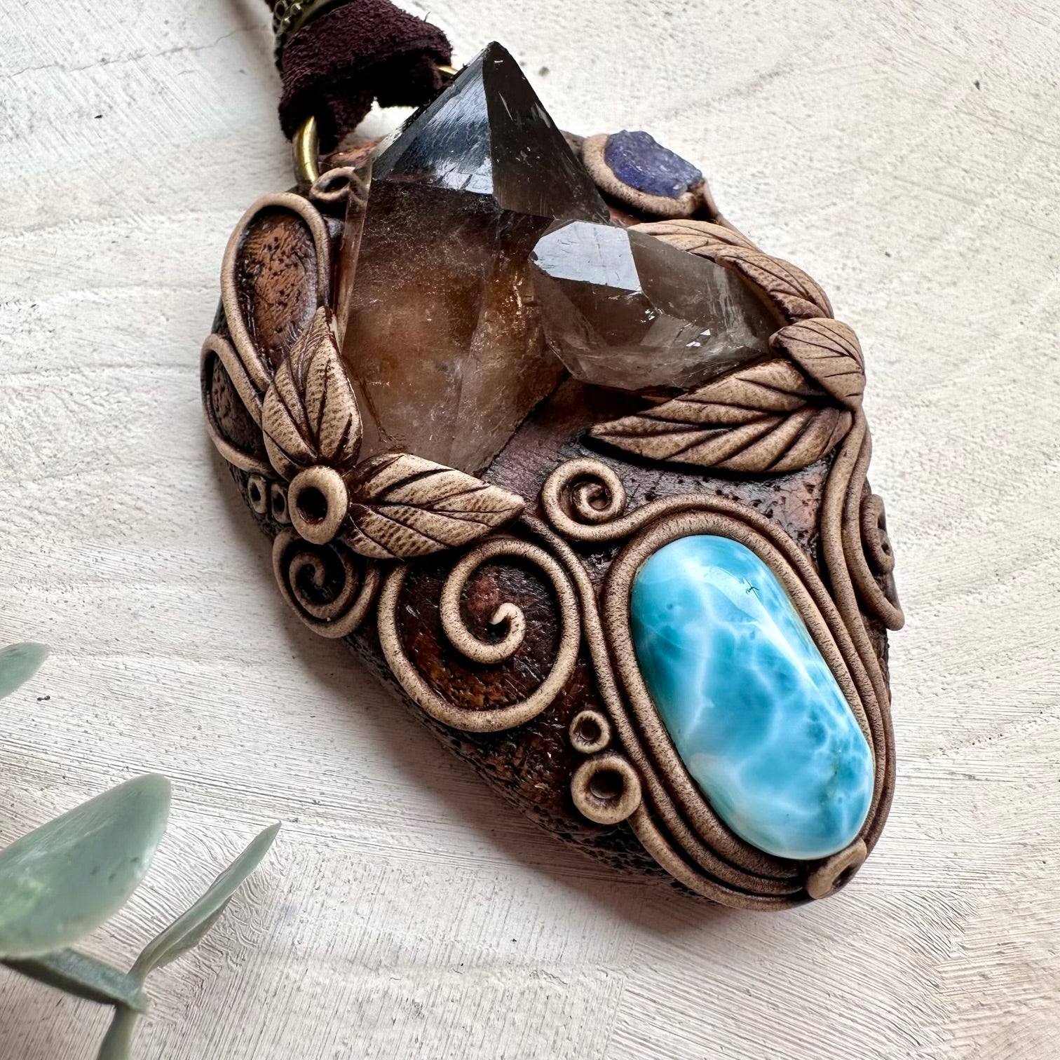 Handmade necklace with smoky quartz cluster and larimar