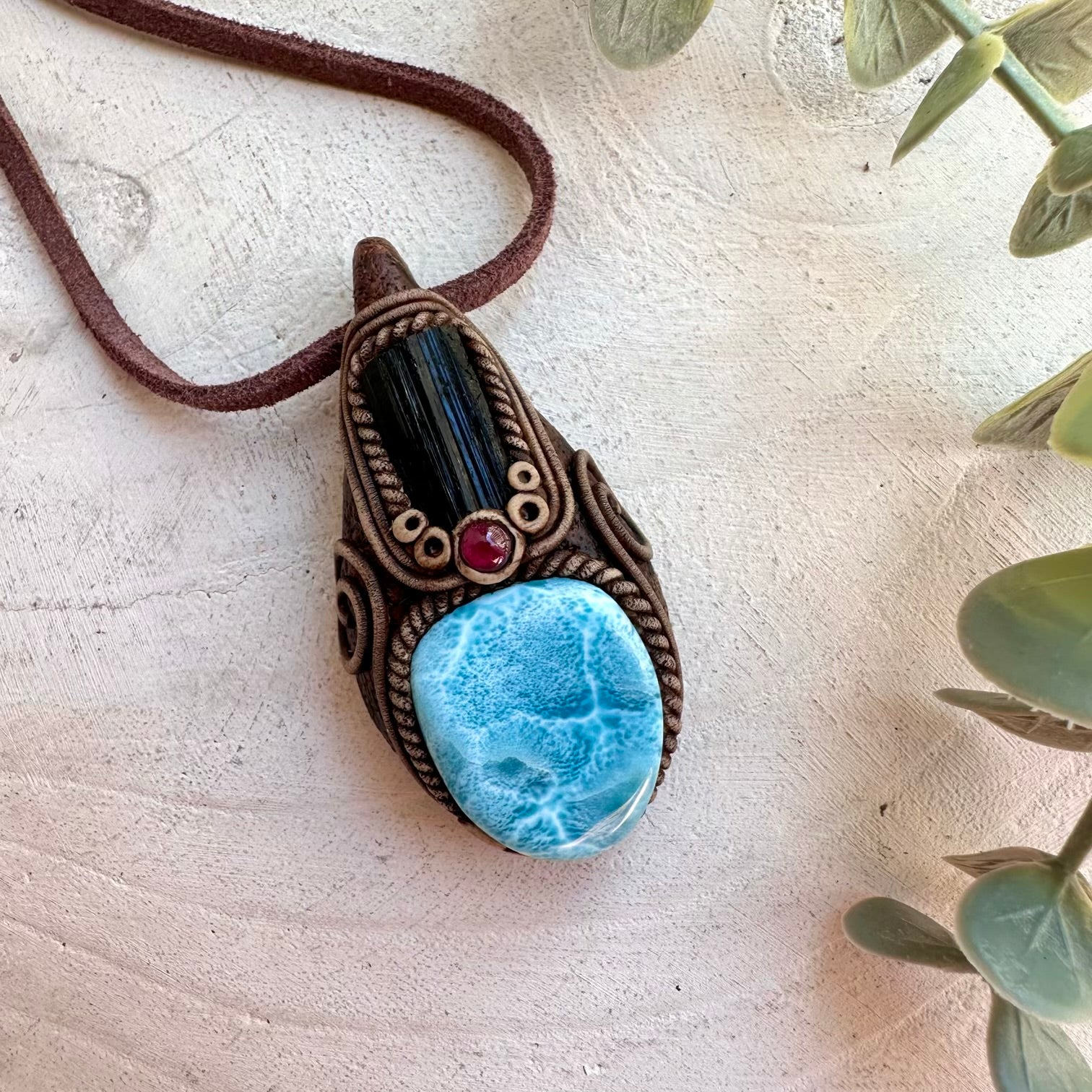 Handmade gemstone necklace combining Rhodolite Garnet and Larimar