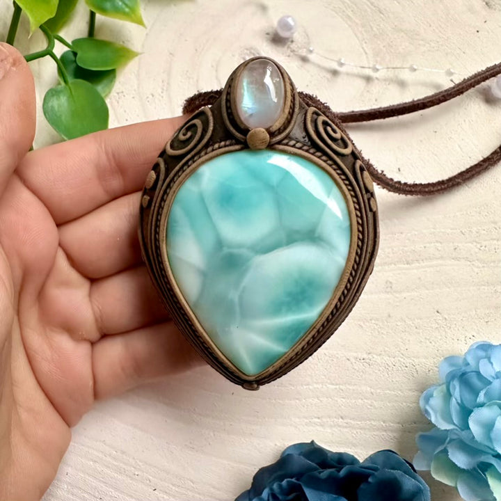 Ocean-blue Larimar pendant with Moonstone gemstone