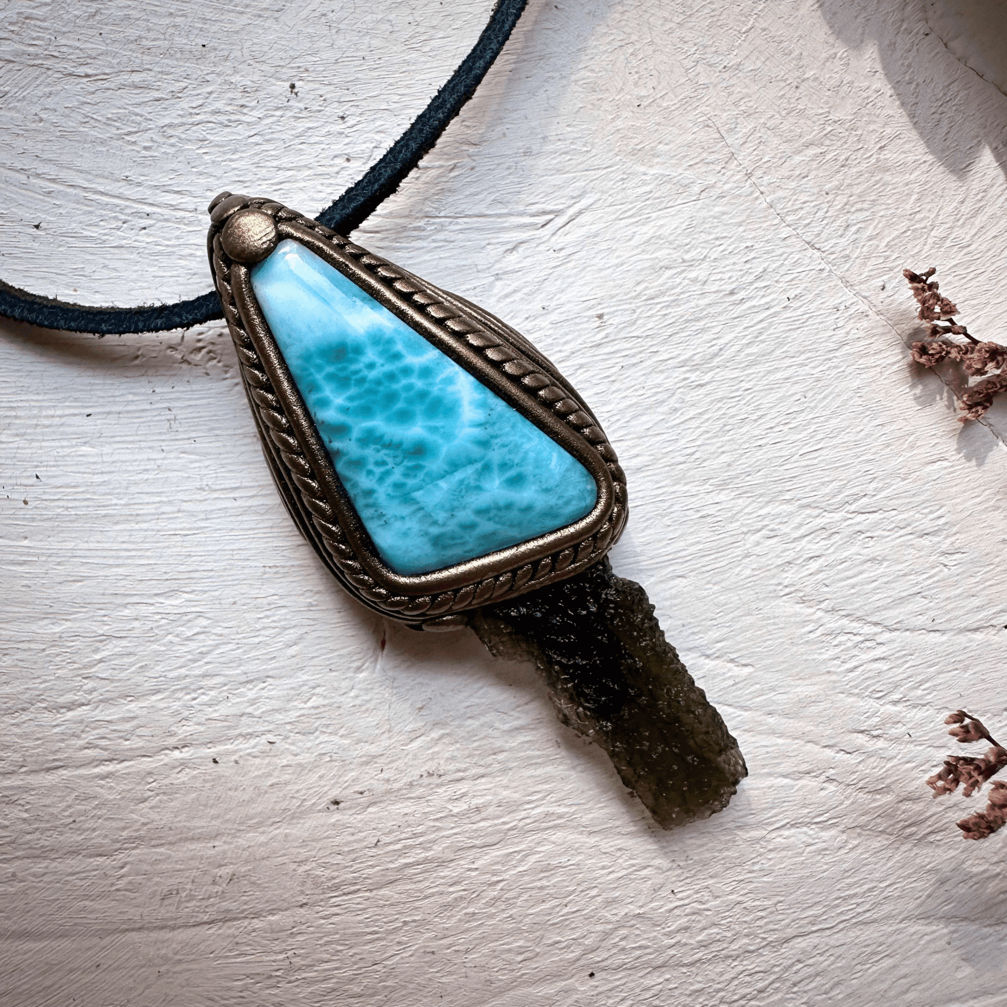 Larimar and Moldavite Pendant Necklace - FairyGardenGlow