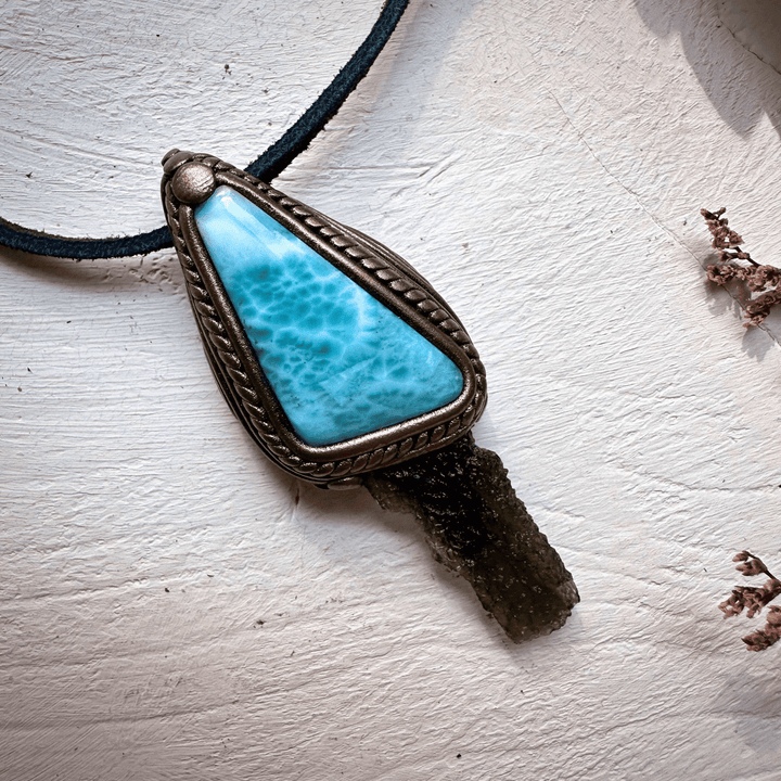 Larimar and Moldavite Pendant Necklace - FairyGardenGlow