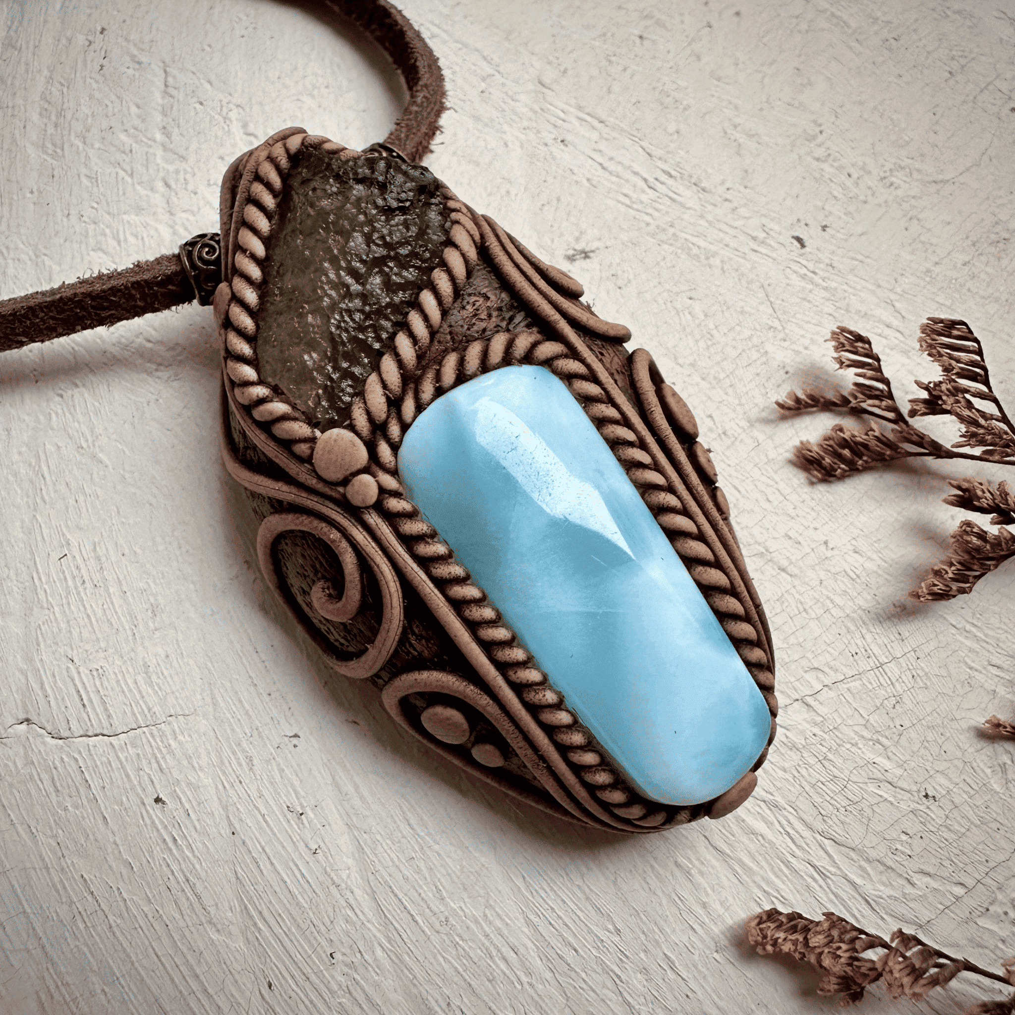 Larimar and Moldavite Pendant Necklace - FairyGardenGlow