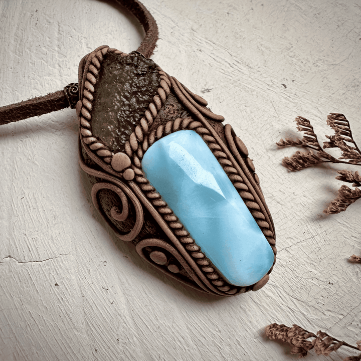 Larimar and Moldavite Pendant Necklace - FairyGardenGlow