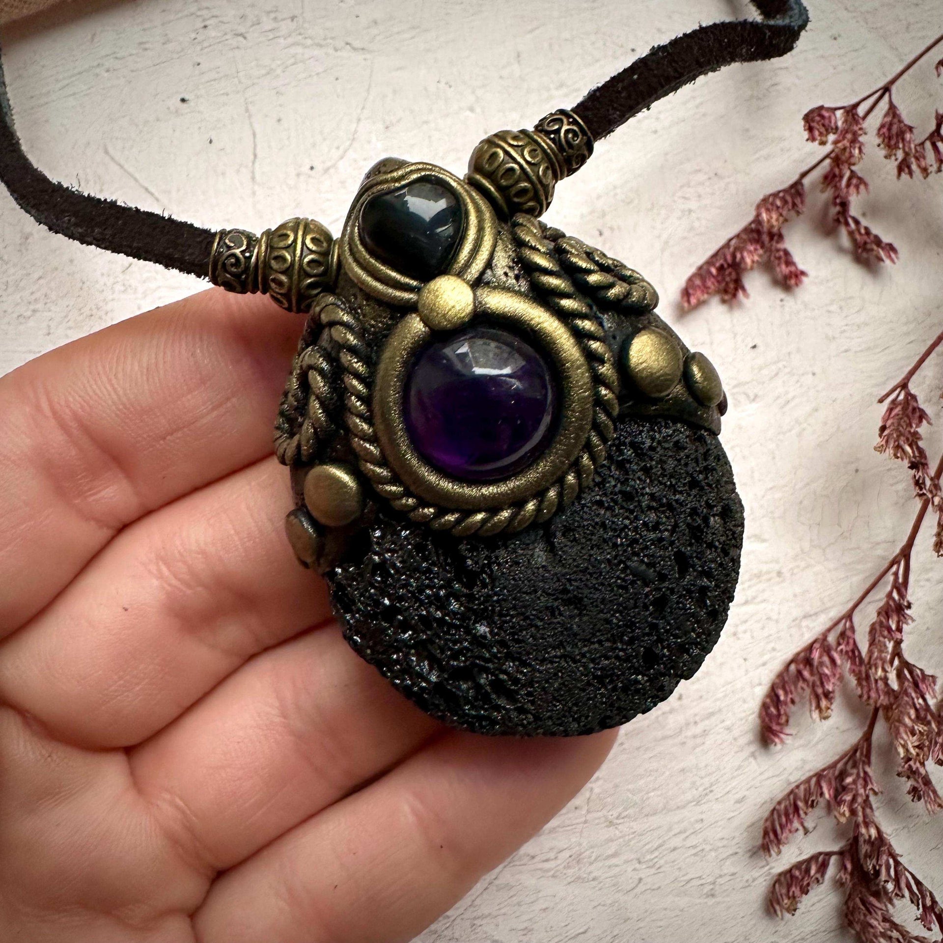Lava Stone Amethyst and Black Onyx Heart Necklace - FairyGardenGlow