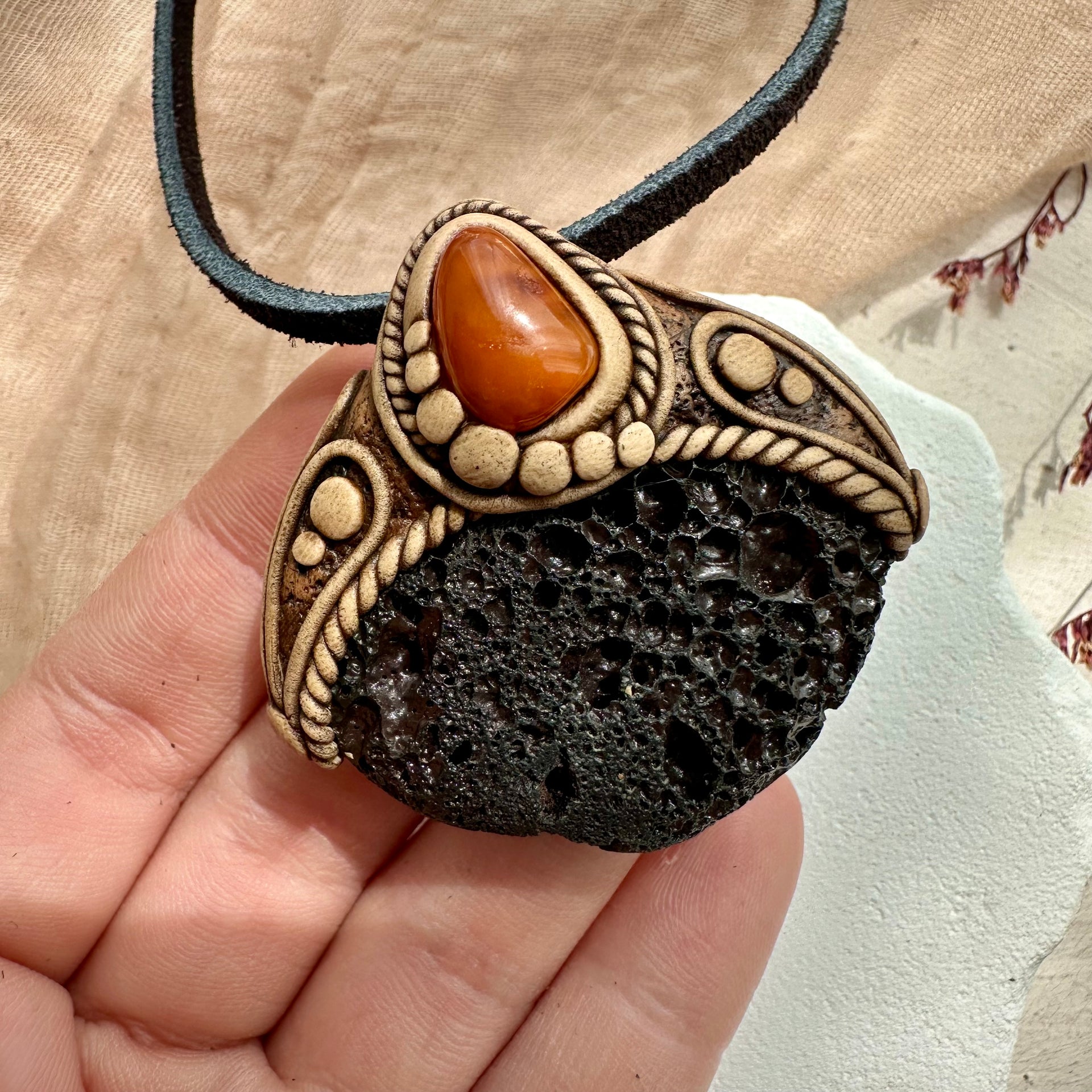 Lava Stone and Baltic Amber Necklace - FairyGardenGlow