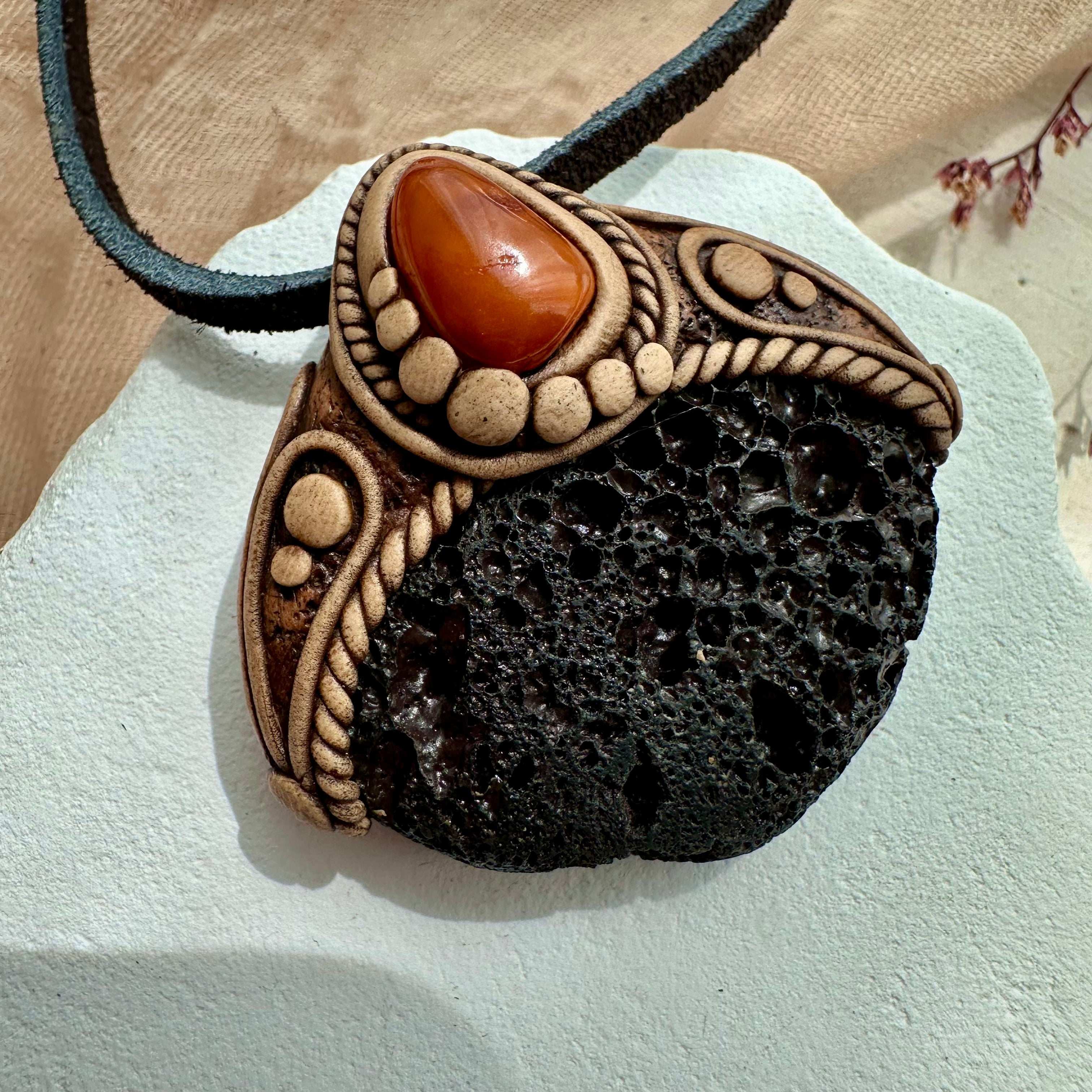 Lava Stone and Baltic Amber Necklace - FairyGardenGlow