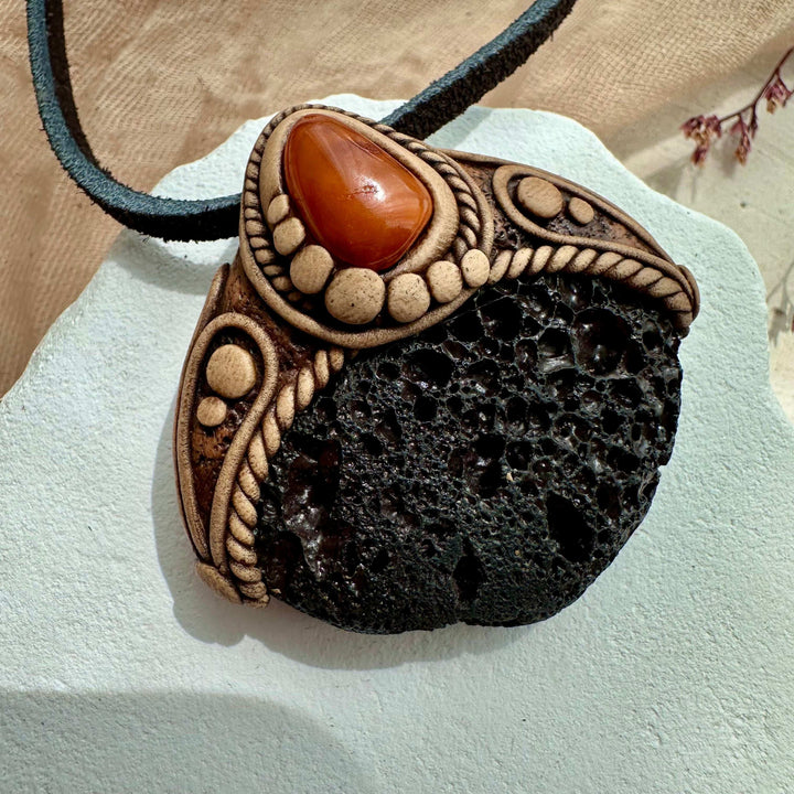 Lava Stone and Baltic Amber Necklace - FairyGardenGlow