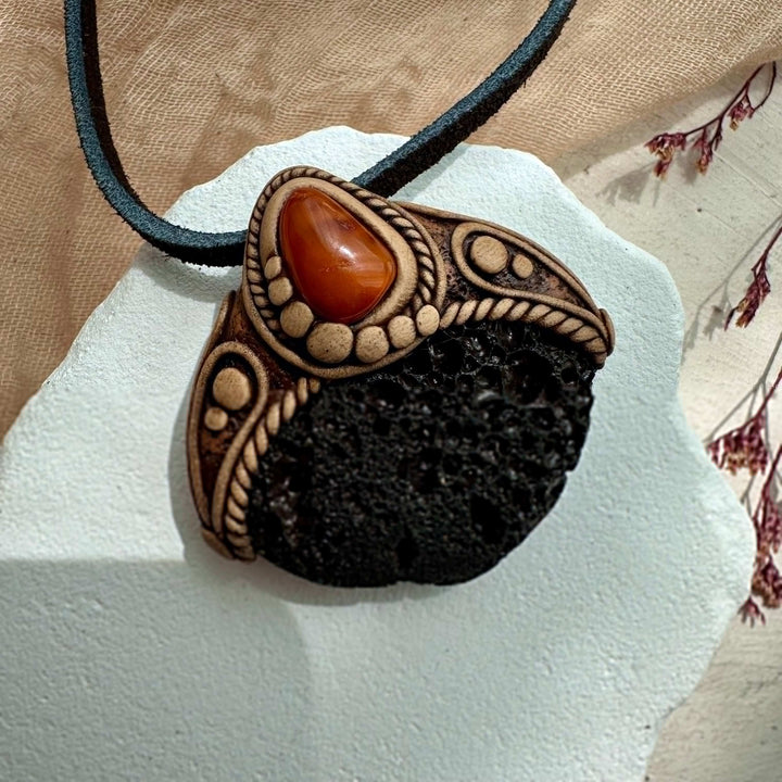 Lava Stone and Baltic Amber Necklace - FairyGardenGlow