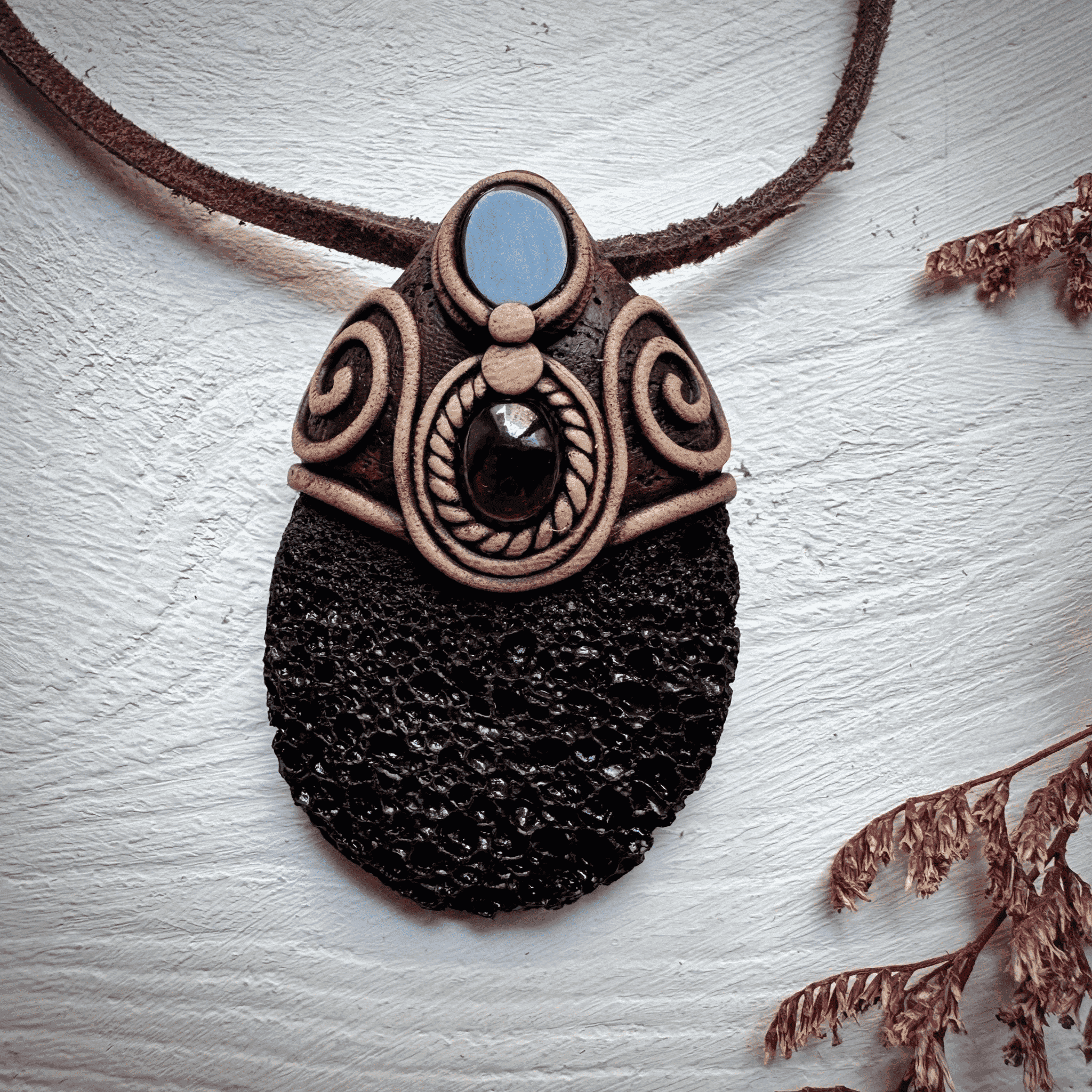 Lava Stone Black Onyx and Red Garnet Pendant Necklace - FairyGardenGlow