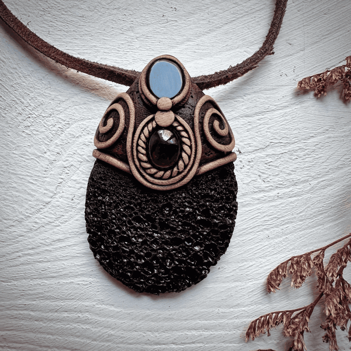 Lava Stone Black Onyx and Red Garnet Pendant Necklace - FairyGardenGlow