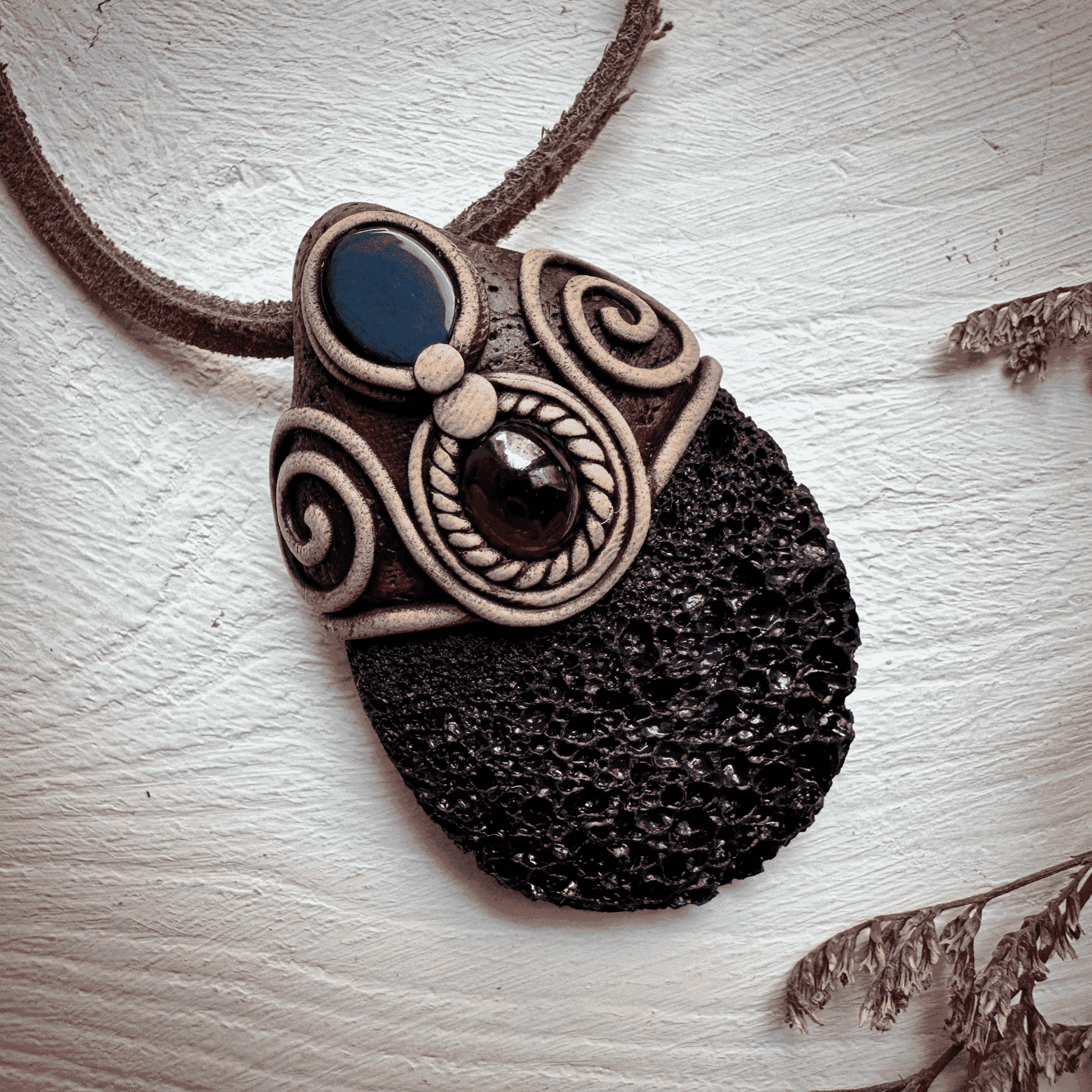 Lava Stone Black Onyx and Red Garnet Pendant Necklace - FairyGardenGlow
