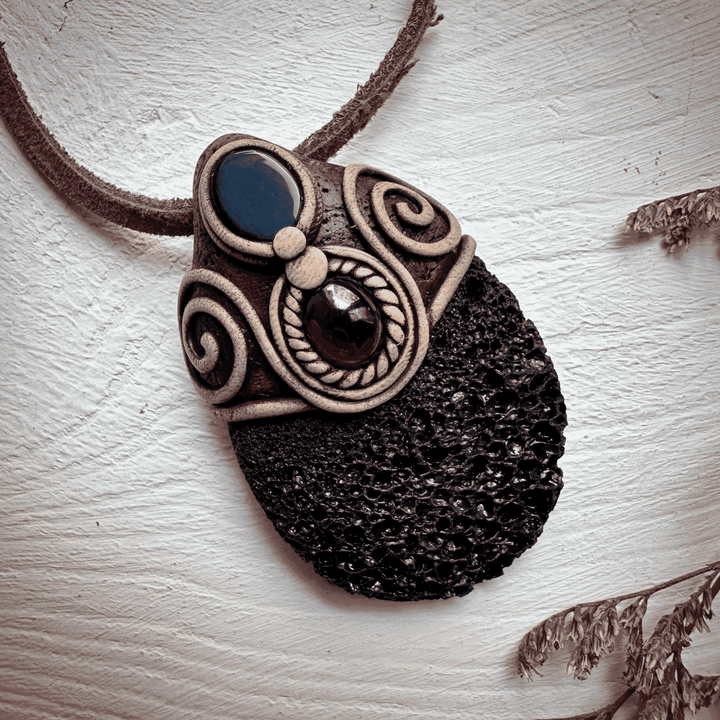 Lava Stone Black Onyx and Red Garnet Pendant Necklace - FairyGardenGlow
