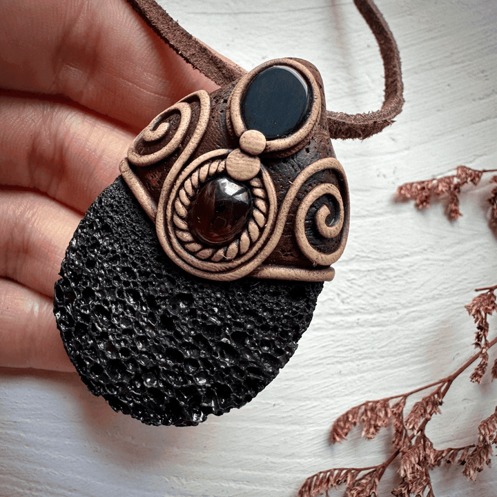 Lava Stone Black Onyx and Red Garnet Pendant Necklace - FairyGardenGlow