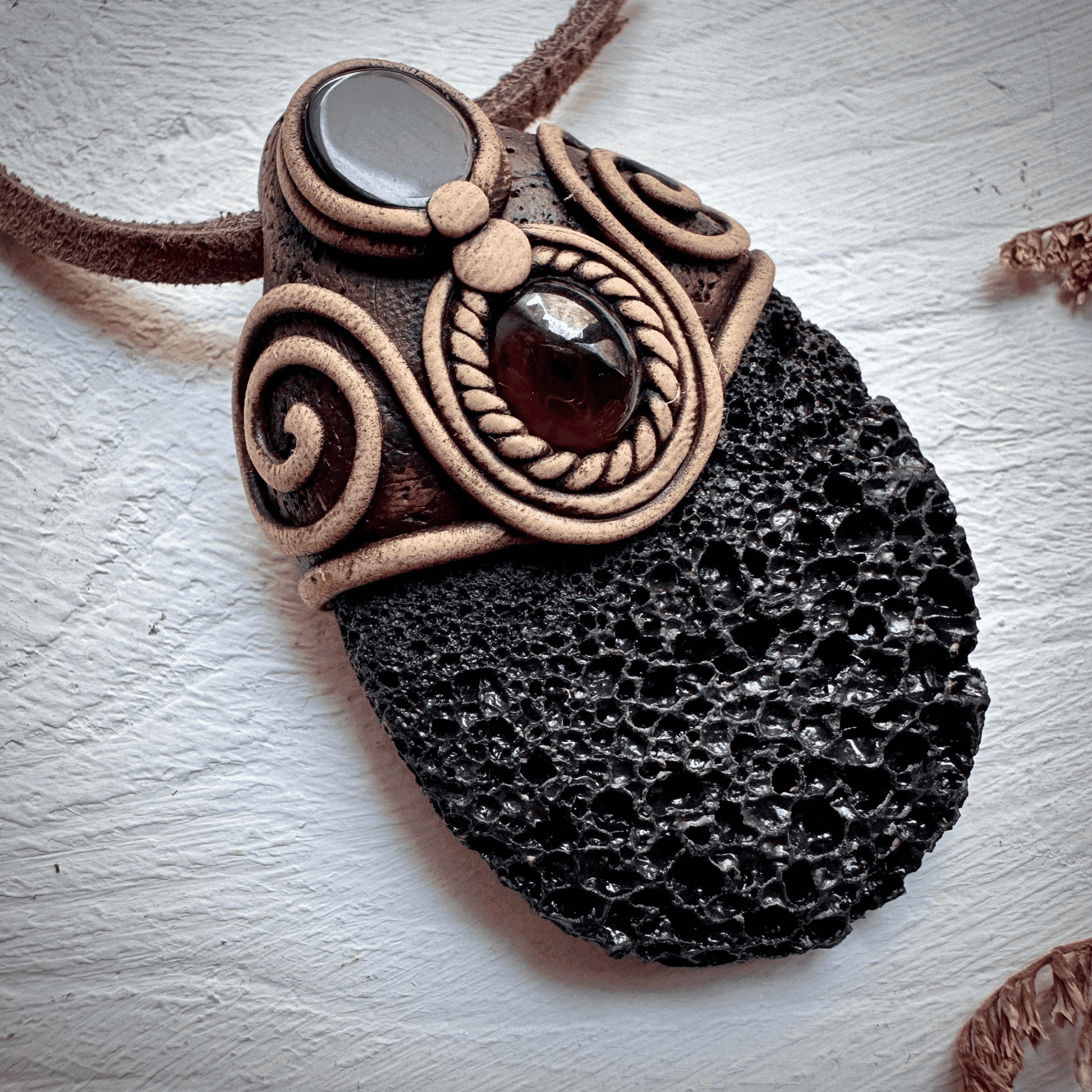 Lava Stone Black Onyx and Red Garnet Pendant Necklace - FairyGardenGlow
