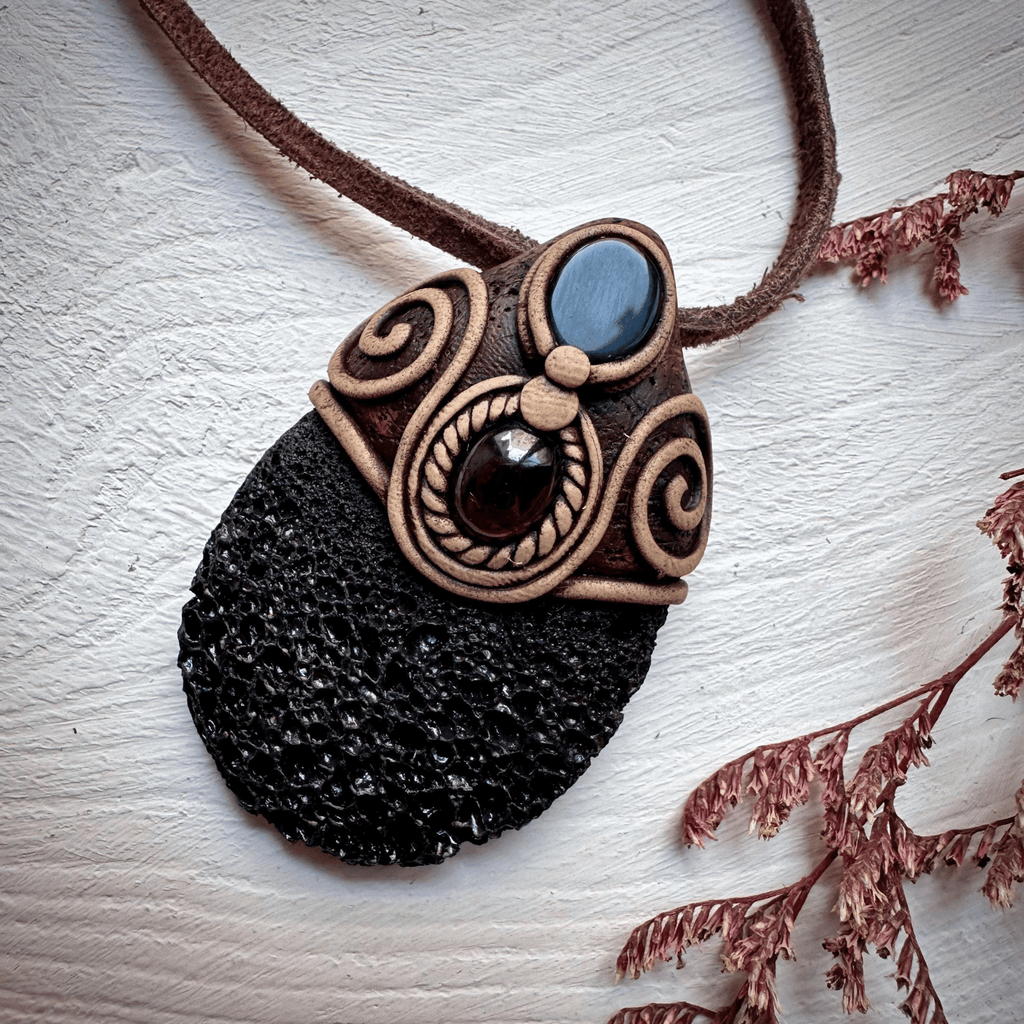 Lava Stone Black Onyx and Red Garnet Pendant Necklace - FairyGardenGlow