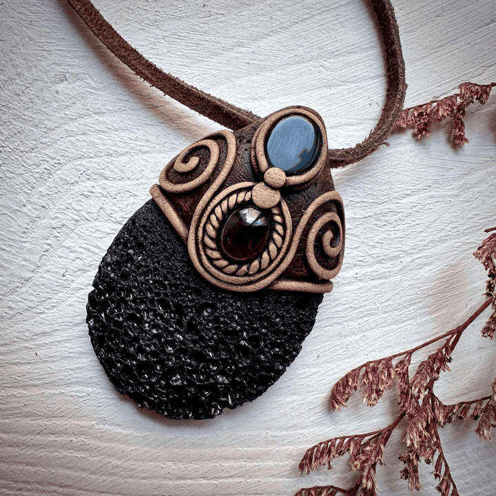 Lava Stone Black Onyx and Red Garnet Pendant Necklace - FairyGardenGlow