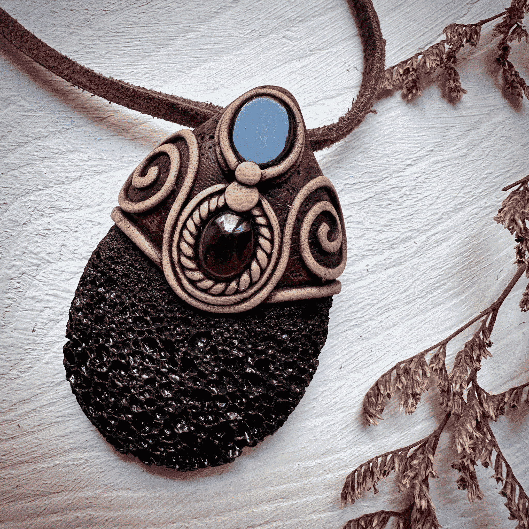 Lava Stone Black Onyx and Red Garnet Pendant Necklace - FairyGardenGlow