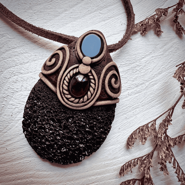 Lava Stone Black Onyx and Red Garnet Pendant Necklace - FairyGardenGlow