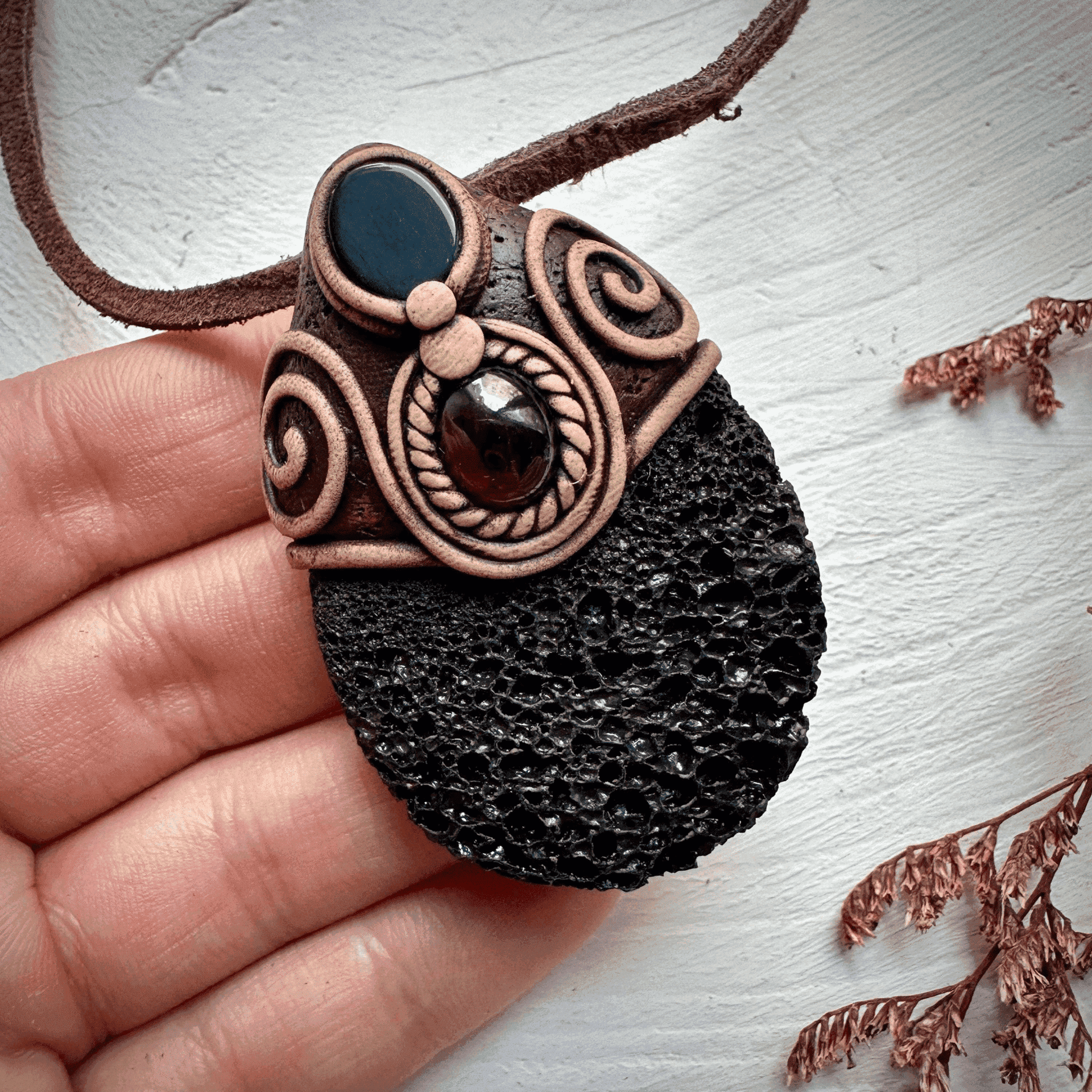 Lava Stone Black Onyx and Red Garnet Pendant Necklace - FairyGardenGlow
