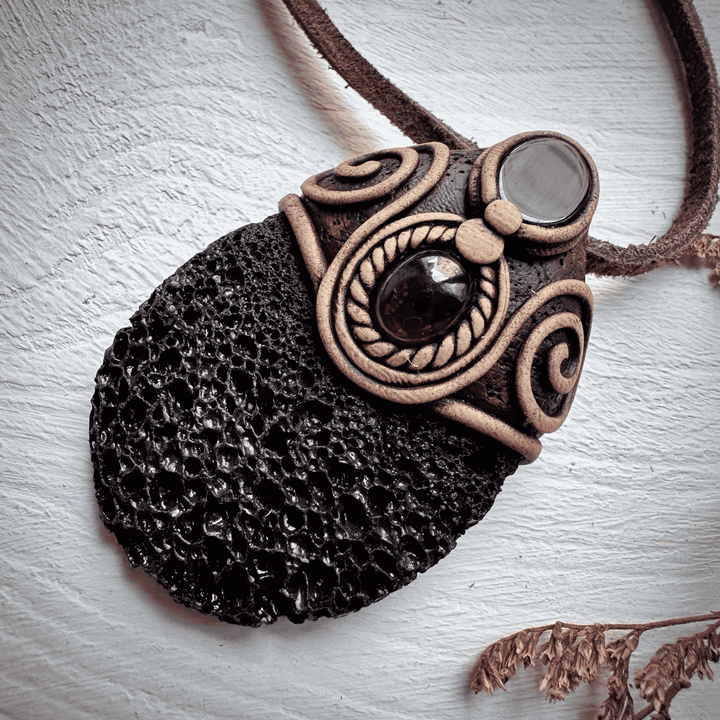Lava Stone Black Onyx and Red Garnet Pendant Necklace - FairyGardenGlow