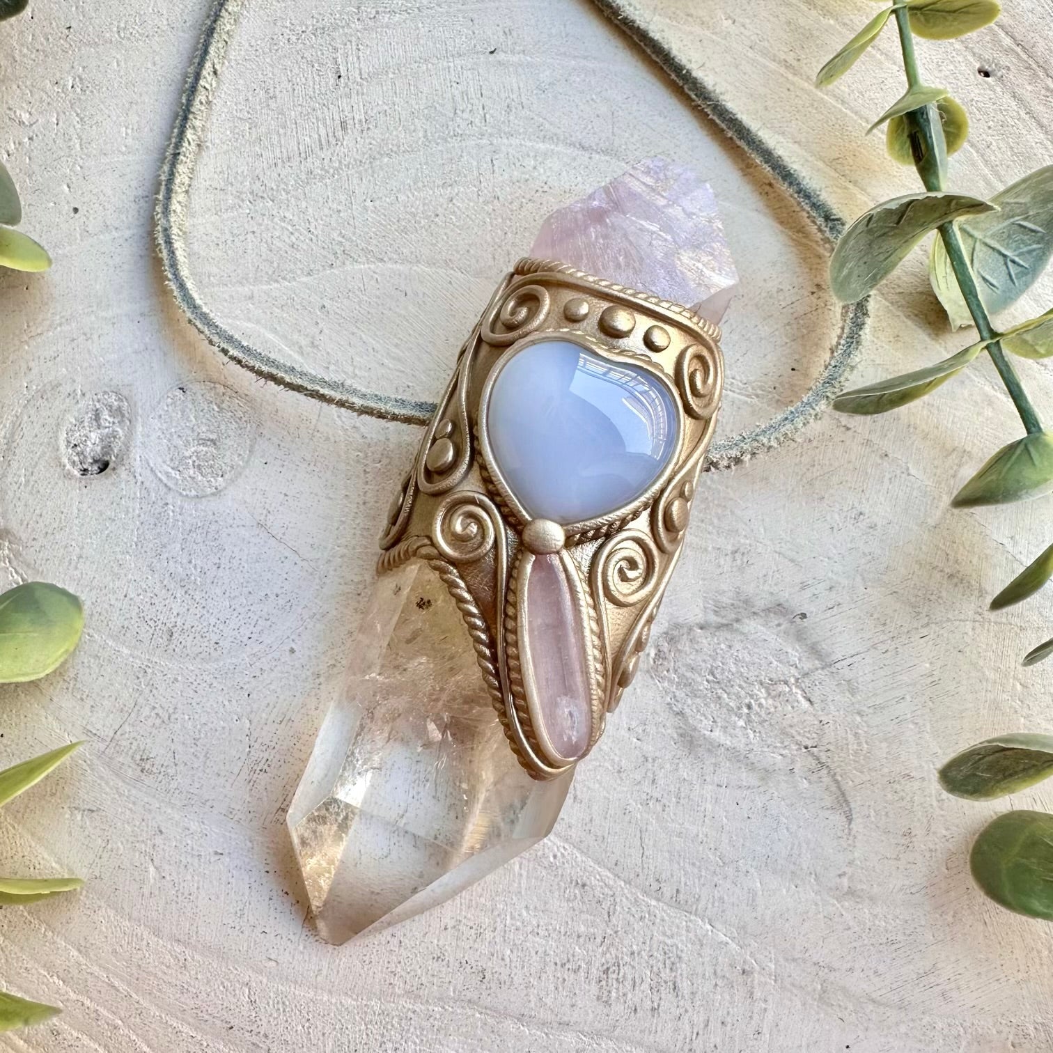 Crystal talisman wand with lavender fluorite kunzite and blue chalcedony energy