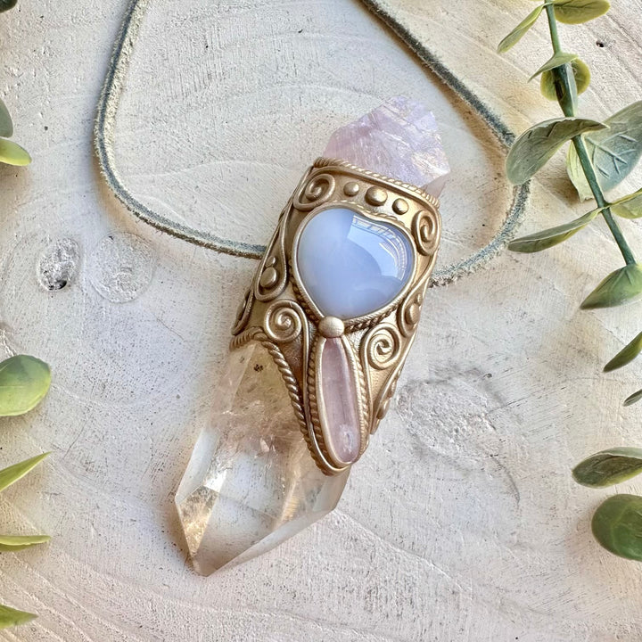 Crystal talisman wand with lavender fluorite kunzite and blue chalcedony energy
