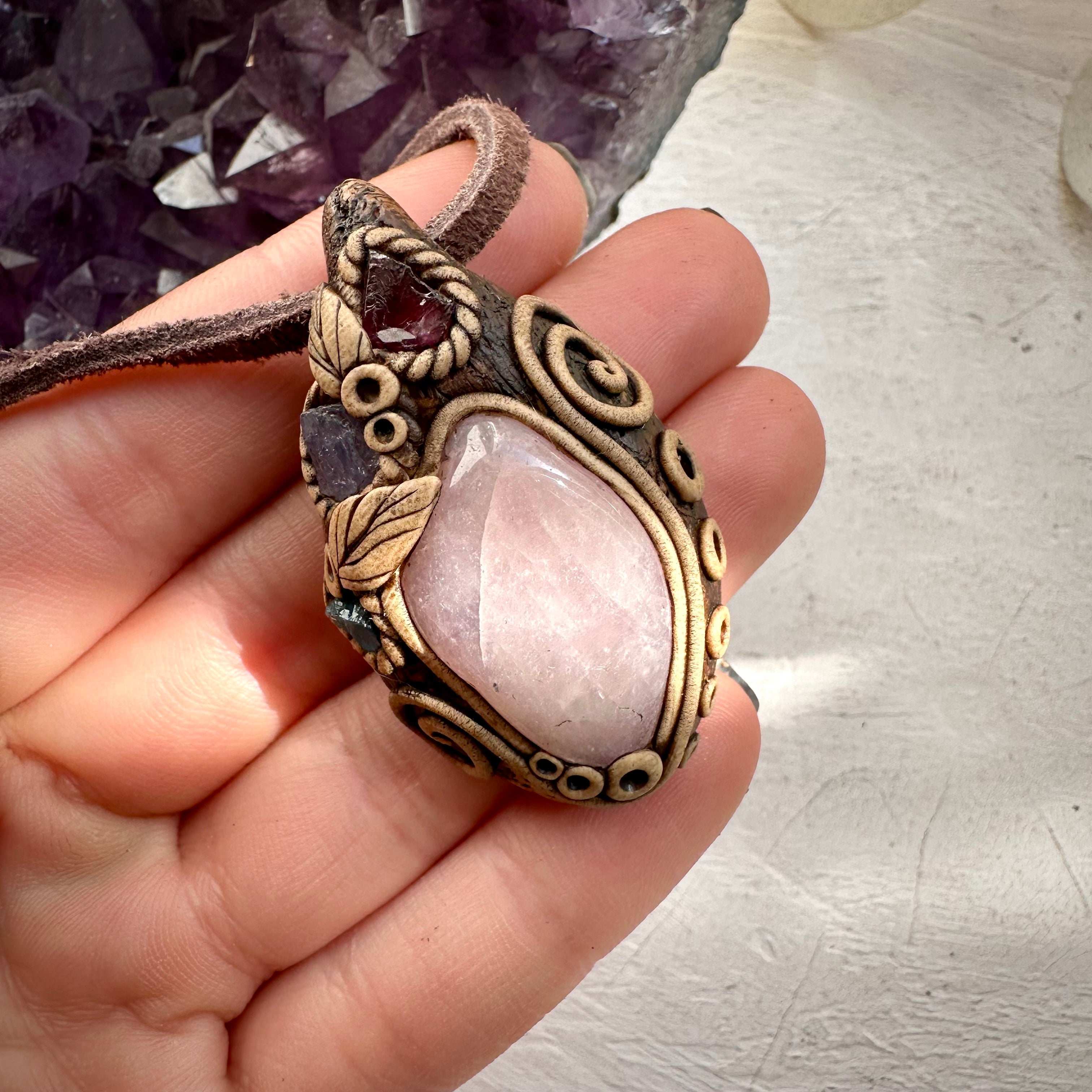 Lavender Quartz Rhodolite Garnet Tanzanite and Blue Apatite Pendant Necklace - FairyGardenGlow