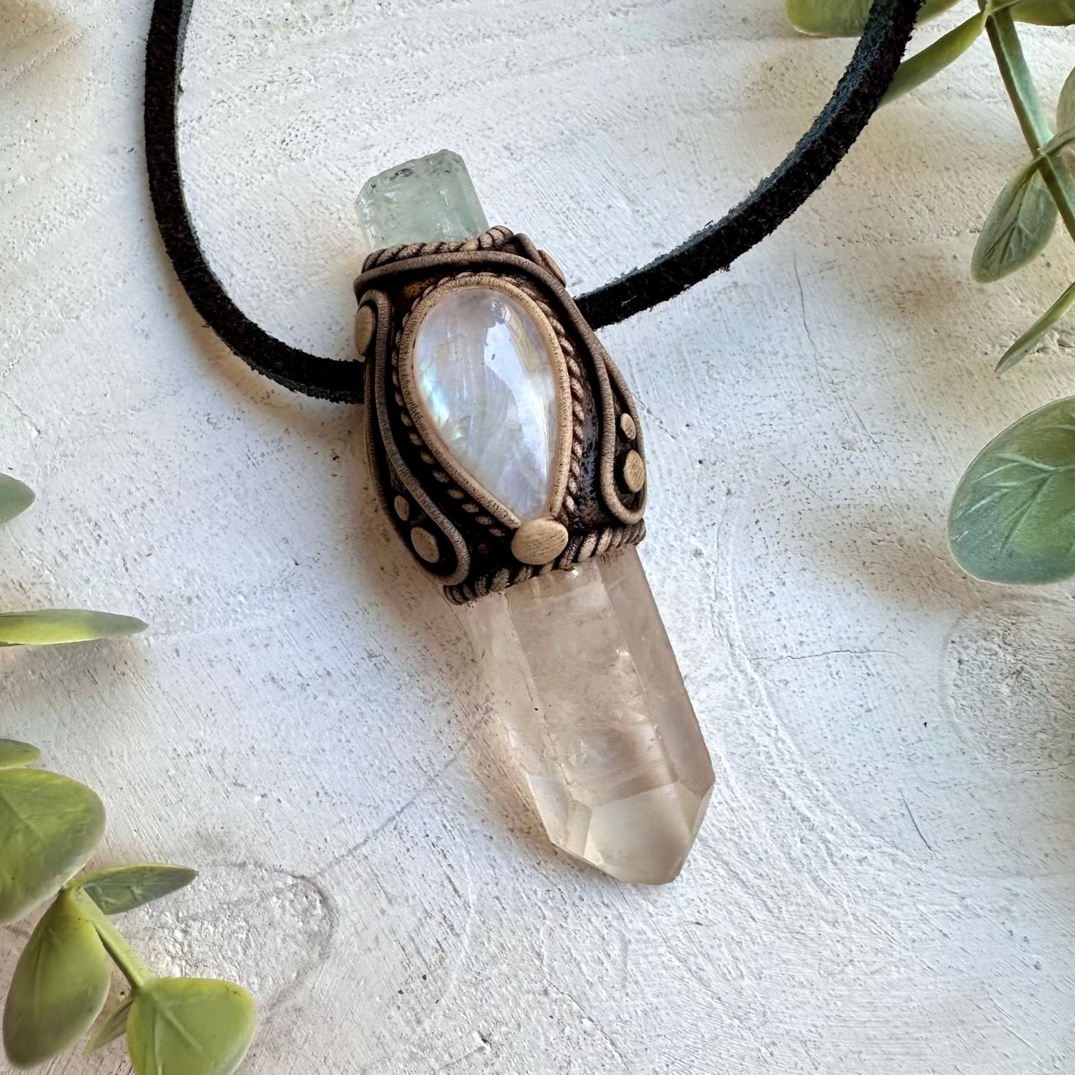 Handmade necklace with lemurian quartz aquamarine and moonstone