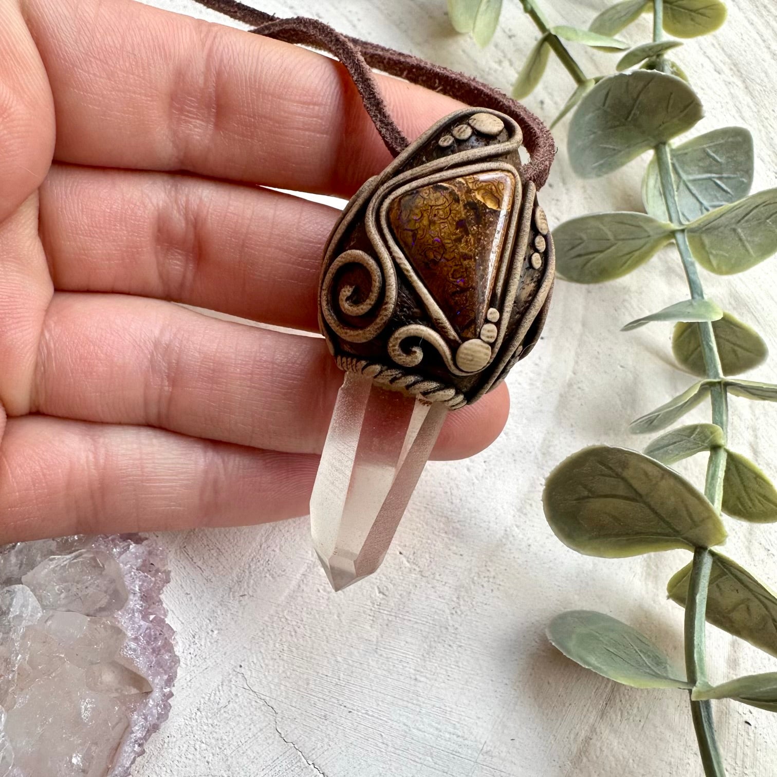 Handmade necklace with lemurian quartz and boulder opal