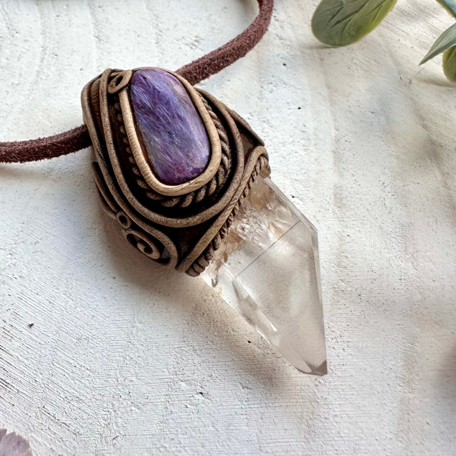 Natural gemstone necklace with lemurian quartz and charoite