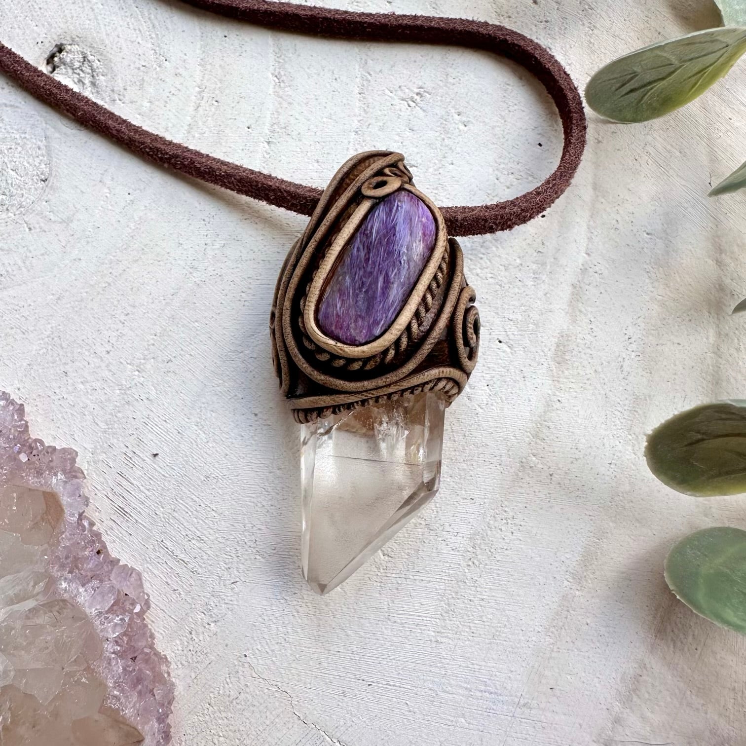 Handmade necklace with lemurian quartz and charoite